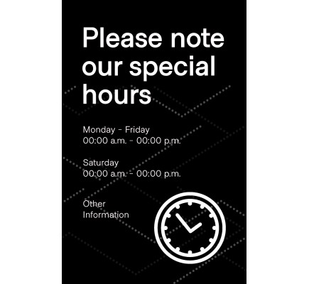 Special Hours Window Cling  8.5" x 11" Black Pack of 25 